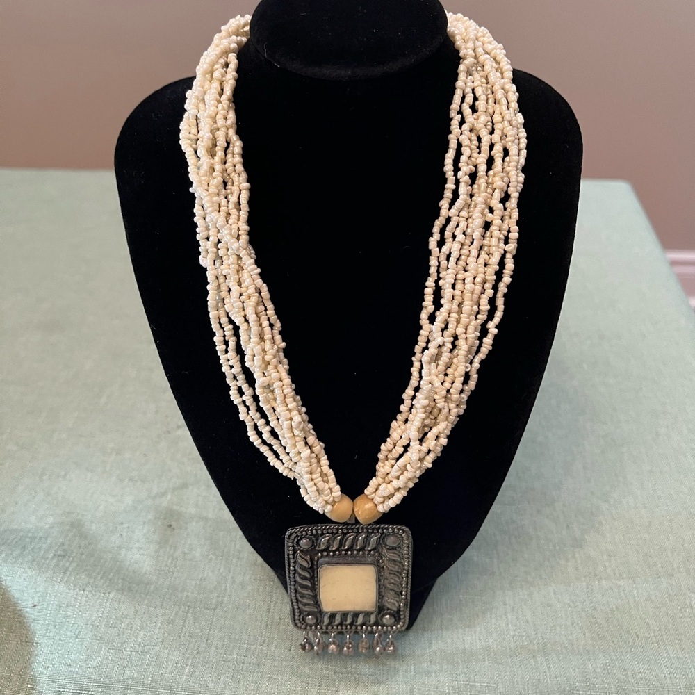 Beaded Statement Necklace with Square Pendant